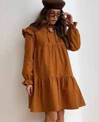 Casual Print Stand Collar Long Sleeve Loose Classic Lace-Up Mini Dresses