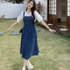 Causal Strap High Waist A-line Solid Lace-up Denim Suspender Midi Dress