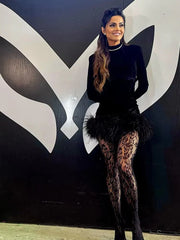 Elegant Velvet Feather Long Sleeve Bodycon Mini Dress