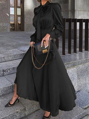 Long Dress Turndown Collar Long Sleeves Polyester Maxi Dress