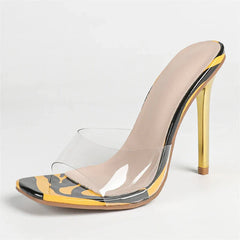 Design PVC Transparent Zebra Stripe Square Toe Slippers Thin High Heel