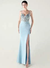 Luxury Elegant Backless Sleeveless Squint Vestidos Split Prom Party Dresses