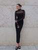 Elegant Mesh Patchwork Full Sleeve See Through Turtle Neck Maxi Dress