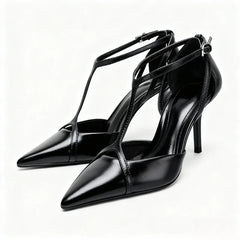 Pointed Toe Patent Leather Pumps Elegant Ankle Strap Buckle Design Thin High Heel