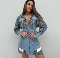 Preppy Style Patchwork Striped Long Sleeve Lapel Shirts And Skirt Slim Outfit