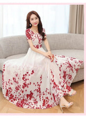 Round Collar Short Sleeve Flower Printed Chiffon Dress