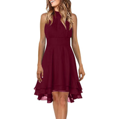 Elegant Cropped Layered Solid Halter Casual Sleeveless Chiffon Party Dress