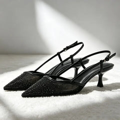 Crystal Detail Pointed-Toe Pumps Breathability Mesh Kitten-Heel Sandals Cozy Adjustable Back Strap Designer Shoes