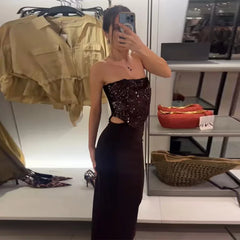 Chic Slash Neck Sleeveless Hollow Out Waist Solid Pullover Strapless Maxi Dresses
