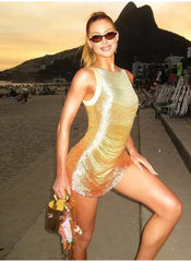 Gradient Tassel Slim O-neck Sleeveless Sling Mini Party Robe Short Dresses