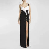 Elegant Sling Dress Color Blocked Suspender Slit Floor Length Dresses