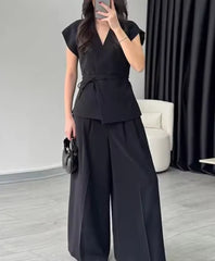 Casual Wide Leg Pants Sleeveless Vest Top Pleated Trousers Sets Two Piece Outfits