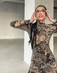 Elegant Print Turtleneck Full Sleeve High Street Party Bodycon Maxi Dress