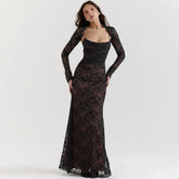 Elegant Vintage Hollow Out Lace Long Sleeve Cape 2 Piece Set Gown Slip Maxi Dress