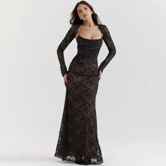 Elegant Vintage Hollow Out Lace Long Sleeve Cape 2 Piece Set Gown Slip Maxi Dress