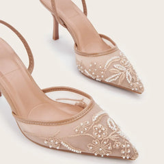 Brand Designer White Wedding Pumps Mesh Embroidered Flowers Back Strap Slingback High Heel