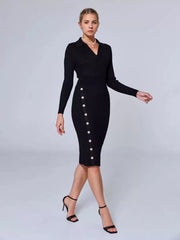 Casual Charming Buttons Polyester Long Sleeves V-Neck Knitted Dress