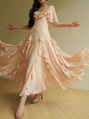 Ruffles O Neck Short Sleeve High Waist Temperament Slimming Dress