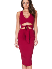 Bodycon Dress V Neck Knotted Cut Out Solid Color Dress