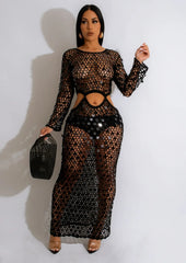 Fishnet Hollow Sequins Holiday Long Sleeve Slim Vacation Beach Maxi Knitted Dresses
