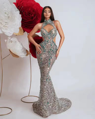 Erotic Sparkling Sequins Crystal Cut-Out Mermaid Sleeveless Dress Gown