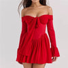 Elegant Strapless Backless Off-shoulder Long Flare Sleeve Pleated Club Party Mini Dress