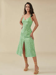 Floral Print Slit Knotted Strap Open Back Zipper Dress