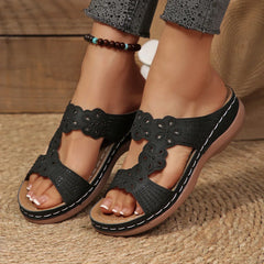 Slippers Embroider Flowers Leather Sandals Outdoor Light Casual Wedges Slippers Slip on Shoes