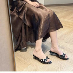 Spring Slippers Korean-Style Pointed Polka Dot Bow Stiletto Mid-Heel Low Heel