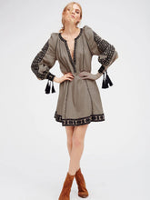 Boho Long Sleeve Plunging Neck Printed Fringe Split Shift Dresses