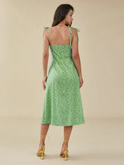 Floral Print Slit Knotted Strap Open Back Zipper Dress