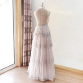 Elegant A Line High Neck Crystal Tulle Tiered Layers Prom Wedding Evening Party Gowns