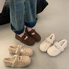 Shearling Ballet Flats with Strap Warm Rabbit Fur Plush Lined Crystal Buckle Mary Jane Flat Shoes