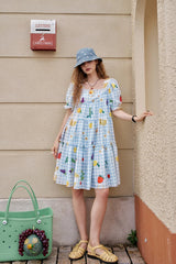 Fruit Print Square Collar Checkered Bubble Sleeve Chic Dress
