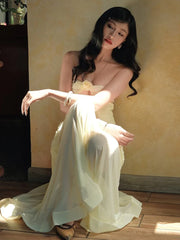 Elegant Ruffles Hollow Bandage Patchwork Mesh Maxi Fishtail Maxi Dress