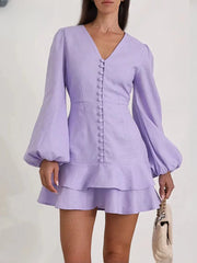 Casual Slim Cotton V-Neck Long Sleeve Classic Pleated Mini Dresses