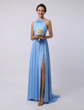 Floor-Length High-split Halter A-Line Draped Chiffon Bridesmaid Dress
