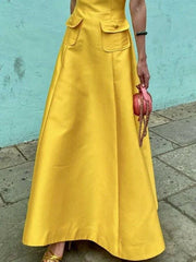 Elegant Short Sleeves Pockets Solid Color Round-Neck A-Line Evening Maxi Dresses