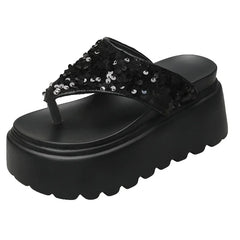 8 Cm Waterproof Platform Bling Designer Brand Flip-flops Clip Toe Platform Sandals Comfortable Beach Shoes