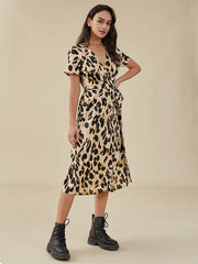 Print Knotted Slit Cross Front V-neck Western Retro Dress