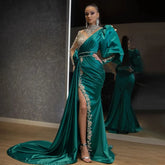 Luxury Beaded High Split Satin Evening Dresses