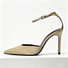 Luxury Silk Satin Design Pumps Pointed Toe Metal Buckle Ankle Strap Heel