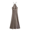 Casual Backless Solid Satin Sleeveless Halter Neck Slim Evening Party Maxi Dress