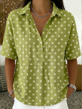 Women's Casual Polka Dots Polo Collar Short-sleeved Linen And Cotton Shirt