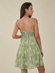 Leaves Print Knotted Strap Shirred Chiffon Mini Dress