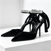 Elegant Velvet Rhinestone Embellished Pumps Pointed Toe Ankle Strap High Heel