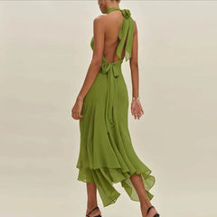 Casual Backless Halter Lace-up Office Solid High Waist Slim Ruffle Dress