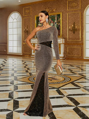 Elegant Long Sleeve Knit Panel Mermaid Floor Length Dress