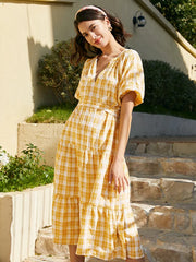 Check Print Tie Puff Sleeve V-neck Dress