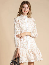 Ruffles Lantern Sleeve Hollow Out Single Breasted Lace Mini Dress